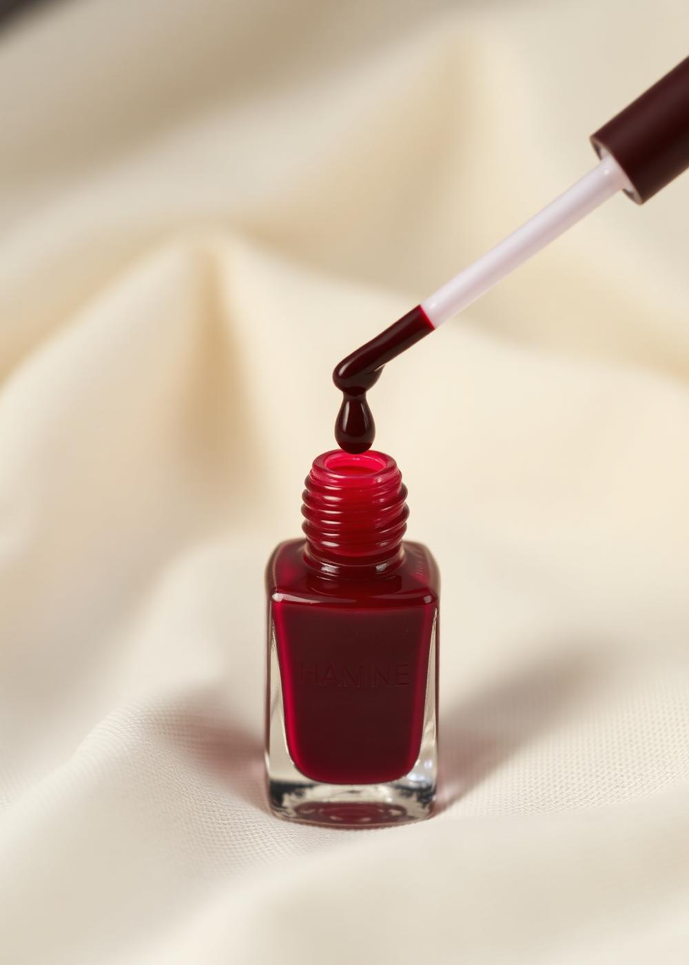 Esmalte burdeos con pincel y gota de color